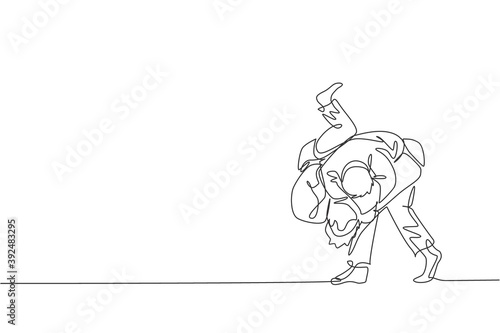 Single continuous line drawing of two young sportive judoka fighter men practice judo skill at dojo gym center. Fighting jujitsu, aikido sport concept. Trendy one line draw design vector illustration