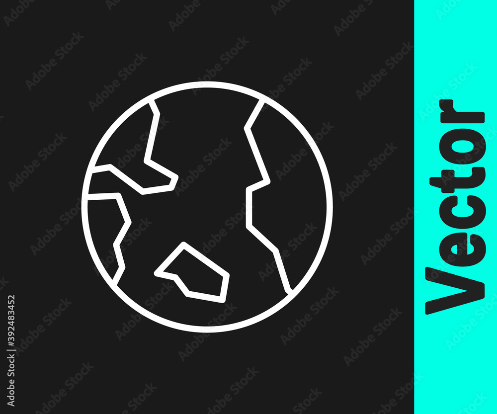 White line Earth globe icon isolated on black background. World or Earth sign. Global internet symbol. Geometric shapes. Vector. White line Earth globe icon isolated on black background. World or Earth sign. Global internet symbol. Geometric shapes. Vector.