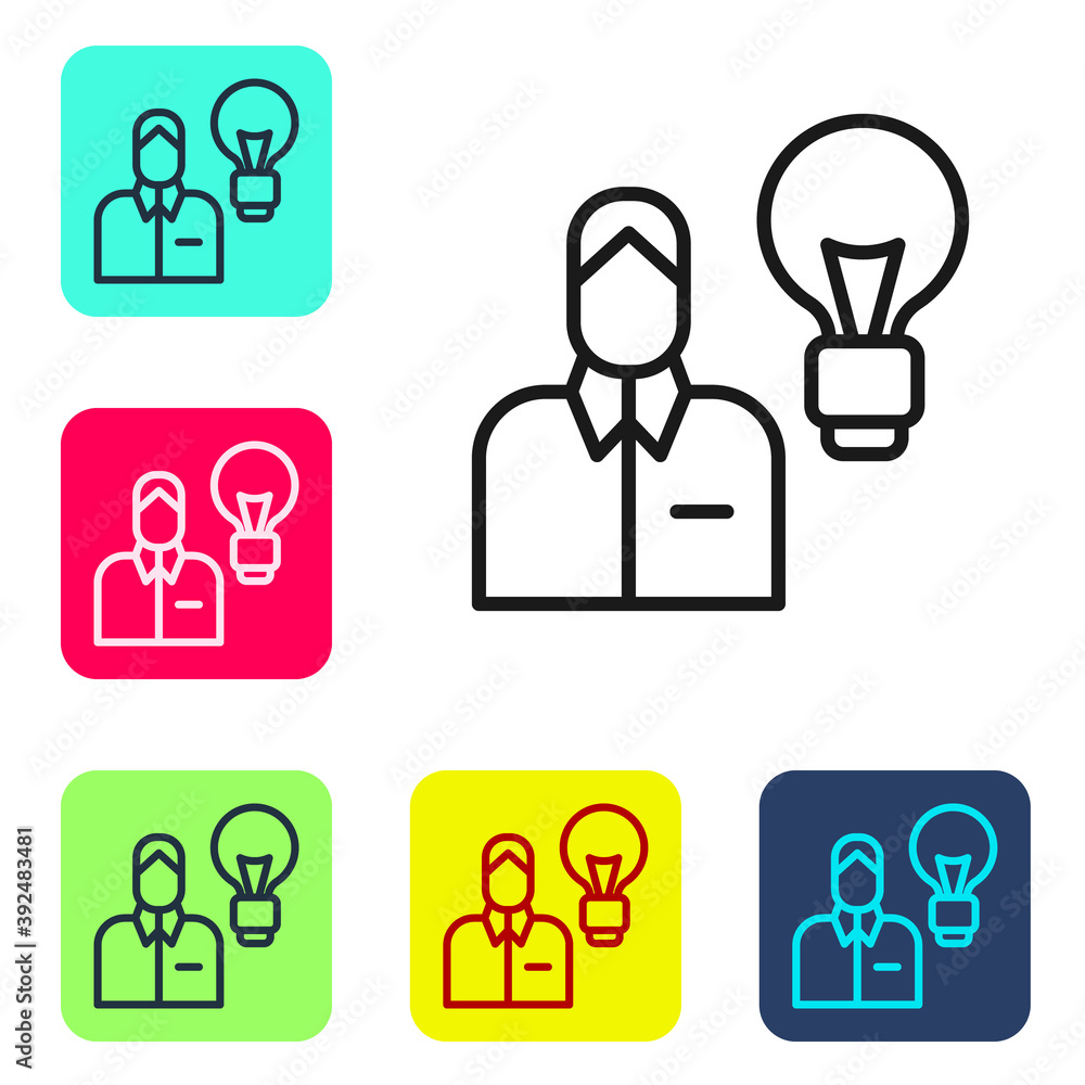 Black line Human with lamp bulb icon isolated on white background. Concept of idea. Set icons in color square buttons. Vector. Black line Human with lamp bulb icon isolated on white background. Concept of idea. Set icons in color square buttons. Vector.