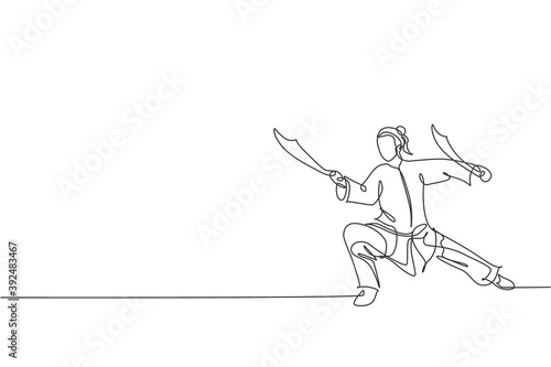 One single line drawing of young woman on kimono exercise wushu martial art, kung fu technique with swords on gym center vector illustration. Fighting sport concept. Modern continuous line draw design