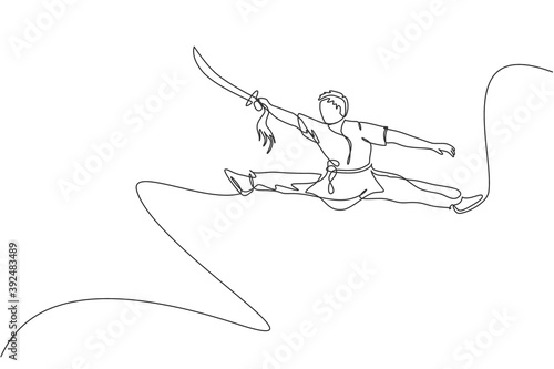 One single line drawing of young man on kimono exercise wushu and kung fu jumping technique with sword on gym center vector illustration. Fighting sport concept. Modern continuous line draw design