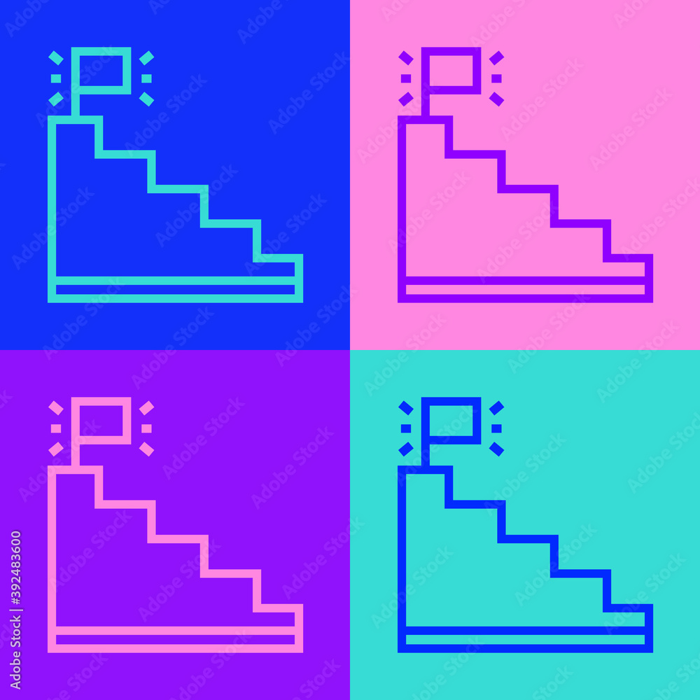 Fototapeta premium Pop art line Stair with finish flag icon isolated on color background. Career growth business concept. Concept of business development. Vector.