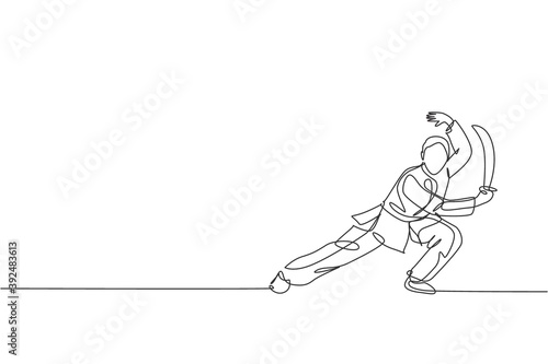 One continuous line drawing of young wushu master man, kung fu warrior in kimono with sword on training. Martial art sport contest concept. Dynamic single line draw design vector graphic illustration