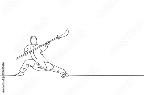 One single line drawing of young man on kimono exercise wushu martial art, kung fu technique with spear on gym center vector illustration. Fighting sport concept. Modern continuous line draw design