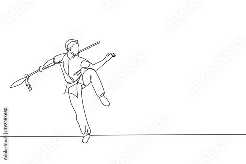 One single line drawing of young man on kimono exercise wushu martial art, kung fu technique with spear on gym center vector illustration. Fighting sport concept. Modern continuous line draw design