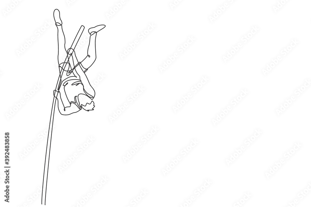 Single continuous line drawing of young sportive man training pole vault jump vertically in the field. Healthy athletic sport concept. Tournament event. Trendy one line draw design vector illustration Single continuous line drawing of young sportive man training pole vault jump vertically in the field. Healthy athletic sport concept. Tournament event. Trendy one line draw design vector illustration