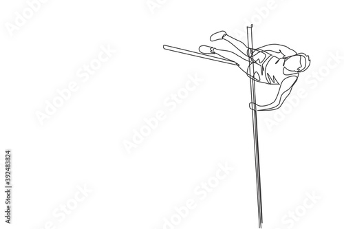 Single continuous line drawing of young sportive man training pole vault through the bar in the field. Healthy athletic sport concept. Tournament event. Trendy one line draw design vector illustration