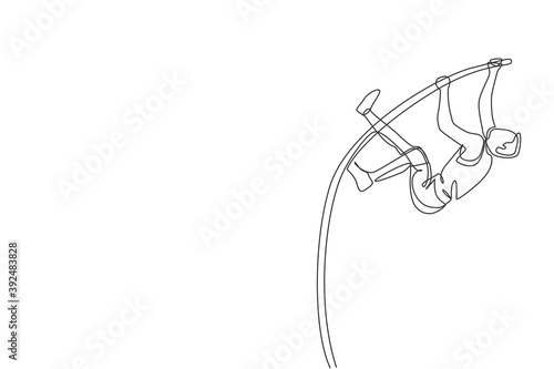 One single line drawing of young energetic man exercise pole vault to pass the bar at field vector illustration. Healthy athletic sport concept. Competition event. Modern continuous line draw design