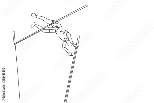 One continuous line drawing of young sporty man practicing to pass pole vault bar in the field. Healthy athletic sport concept. Championship event. Dynamic single line draw design vector illustration
