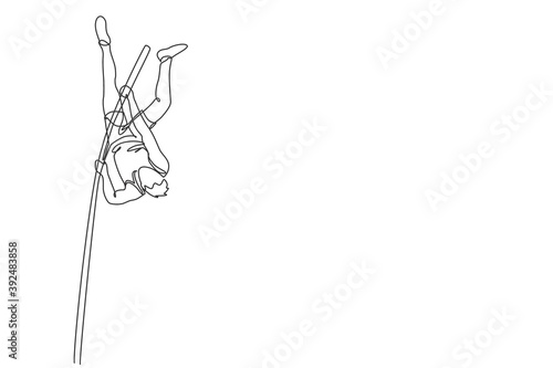 Single continuous line drawing of young sportive man training pole vault jump vertically in the field. Healthy athletic sport concept. Tournament event. Trendy one line draw design vector illustration