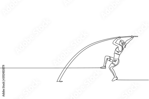 One continuous line drawing of young sporty man practicing to stance pole vault jump at field. Healthy athletic sport concept. Championship event. Dynamic single line draw design vector illustration