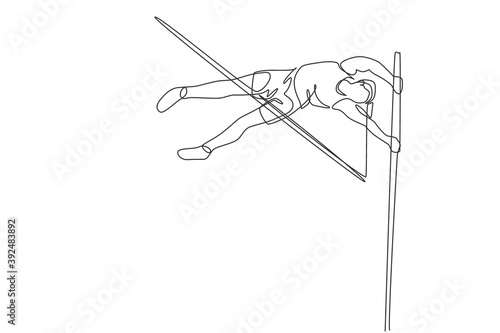 One single line drawing of young energetic woman exercise to pass the bar on pole vault game vector illustration. Healthy athletic sport concept. Competition event. Modern continuous line draw design