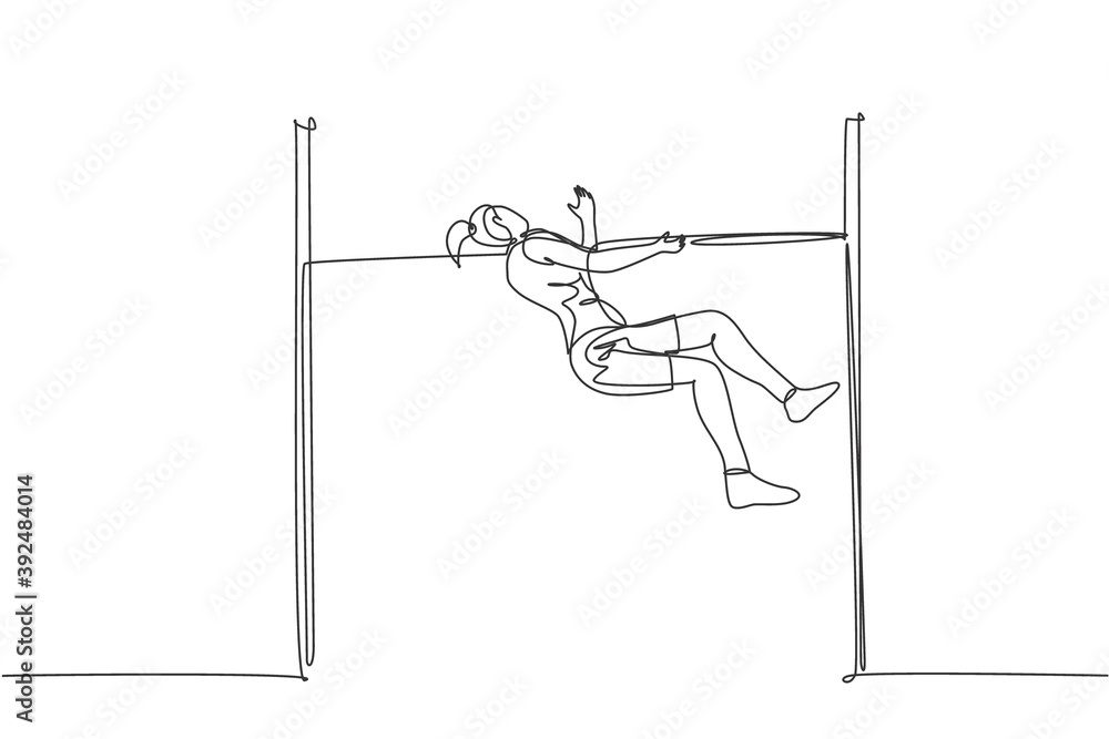 Single continuous line drawing of young sportive woman training high jump to pass the bar at field. Healthy athletic sport concept. Tournament event. Trendy one line draw design vector illustration