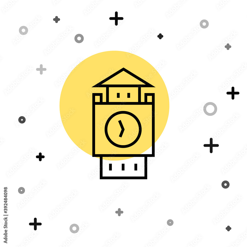 Black line Big Ben tower icon isolated on white background. Symbol of London and United Kingdom. Random dynamic shapes. Vector. Black line Big Ben tower icon isolated on white background. Symbol of London and United Kingdom. Random dynamic shapes. Vector.