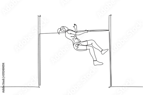 Single continuous line drawing of young sportive woman training high jump to pass the bar at field. Healthy athletic sport concept. Tournament event. Trendy one line draw design vector illustration