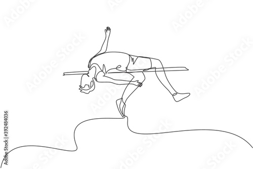 One continuous line drawing young sporty man success to pass the bar on high jump game. Healthy athletic sport concept. Championship event. Dynamic single line draw design vector graphic illustration