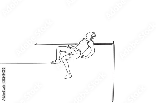 Single continuous line drawing of young sportive man training to pass the bar in high jump game in the field. Healthy athletic sport concept. Tournament event. One line draw design vector illustration