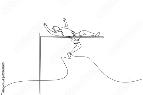 One single line drawing of young energetic man success to pass the bar on high jump match vector illustration. Healthy athletic sport concept. Competition event. Modern continuous line draw design