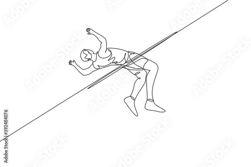 Single continuous line drawing young man training to pass the bar in high jump game in field. Healthy athletic sport concept. Tournament event. Trendy one line draw graphic design vector illustration