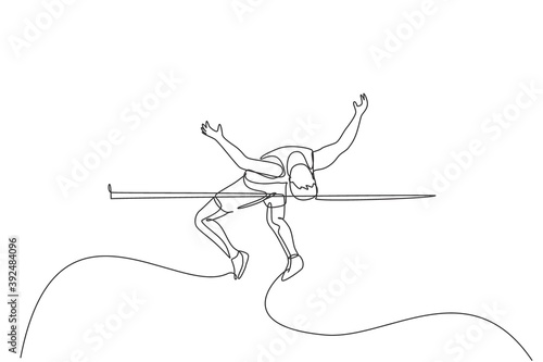One continuous line drawing of young sporty man practicing pass through the bar in high jump game. Healthy athletic sport concept. Championship event. Single line draw design vector illustration