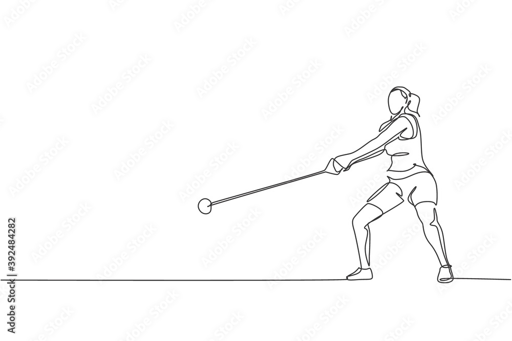 One continuous line drawing of young sporty woman exercise to focus before throw heavy hammer on the field. Athletic games. Olympic sport concept. Dynamic single line draw design vector illustration