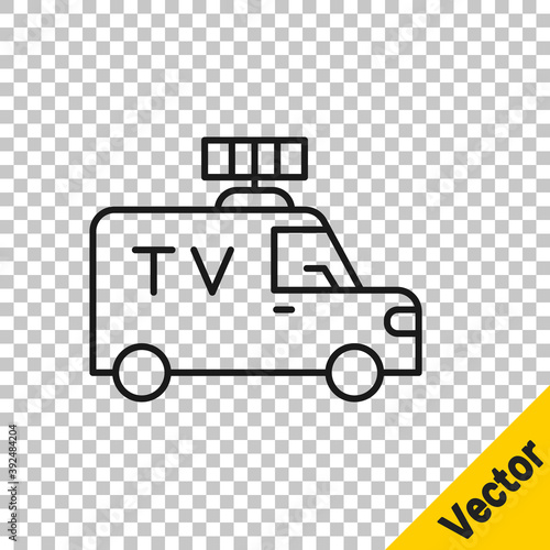 Black line TV News car with equipment on the roof icon isolated on transparent background. Vector.