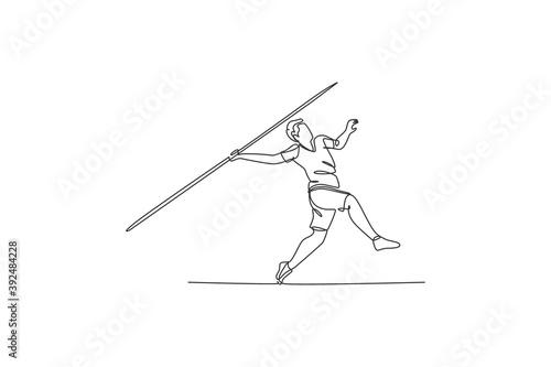 One continuous line drawing of young sporty man exercise to run stance before throw javelin on the field. Athletic games. Olympic sport concept. Dynamic single line draw design vector illustration