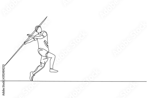 Single continuous line drawing of young sportive man practice to focus before power throw javelin on the court stadium. Athletic games sport concept. Trendy one line draw design vector illustration