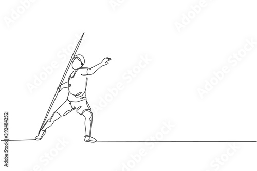 One single line drawing of young energetic man exercise throw javelin  with all the power vector illustration graphic. Healthy lifestyle athletic sport concept. Modern continuous line draw design