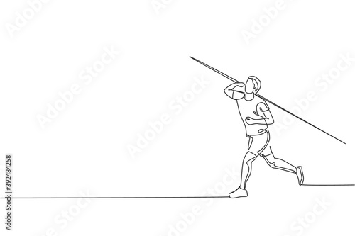 One continuous line drawing of young sporty man exercise to concentrate before throw javelin on the field. Athletic games. Olympic sport concept. Dynamic single line draw design vector illustration
