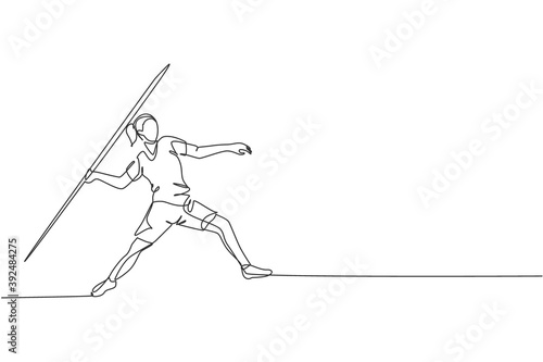 Single continuous line drawing young sportive woman practice to focus before throw javelin on the court stadium. Athletic games sport concept. Trendy one line draw design vector graphic illustration