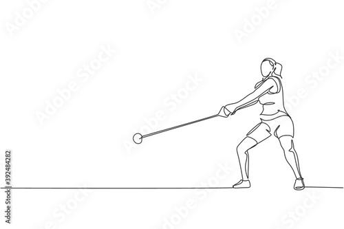 One continuous line drawing of young sporty woman exercise to focus before throw heavy hammer on the field. Athletic games. Olympic sport concept. Dynamic single line draw design vector illustration