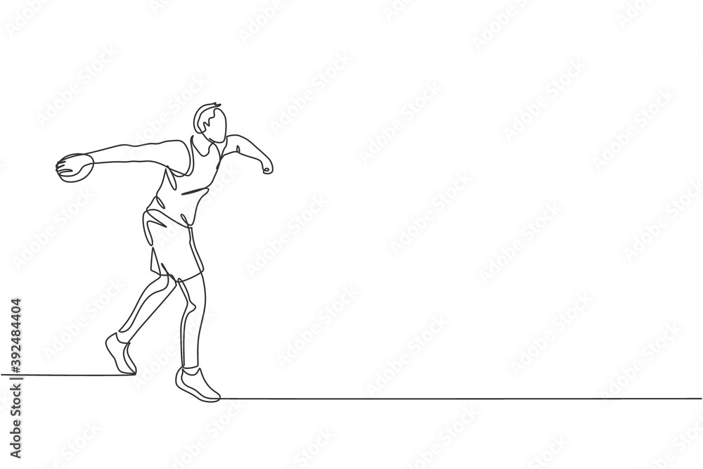 Single continuous line drawing of young sportive man practice to throw discus on the court stadium. Athletic games sport concept. Trendy one line draw design graphic vector illustration Single continuous line drawing of young sportive man practice to throw discus on the court stadium. Athletic games sport concept. Trendy one line draw design graphic vector illustration