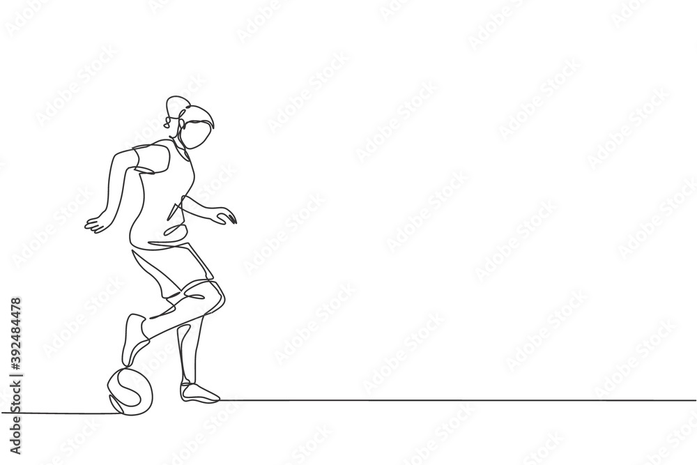 Single continuous line drawing of young sportive woman train soccer freestyle, dribbling trick on the field. Football freestyler concept. Trendy one line draw graphic design vector illustration Single continuous line drawing of young sportive woman train soccer freestyle, dribbling trick on the field. Football freestyler concept. Trendy one line draw graphic design vector illustration