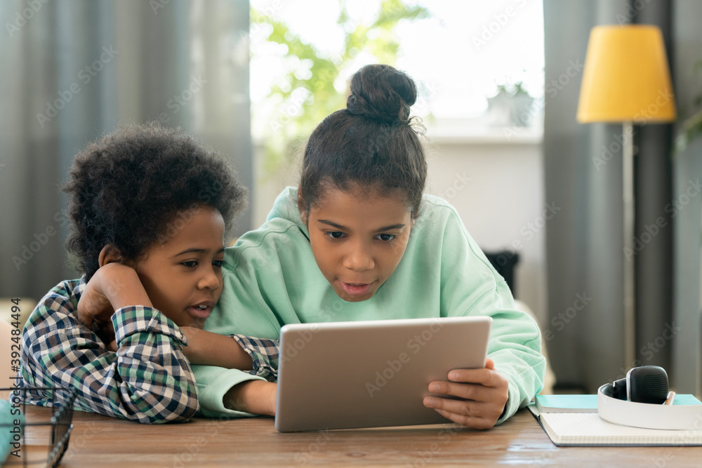Cute elementary mixed-race siblings watching online educational video Cute elementary mixed-race siblings watching online educational video