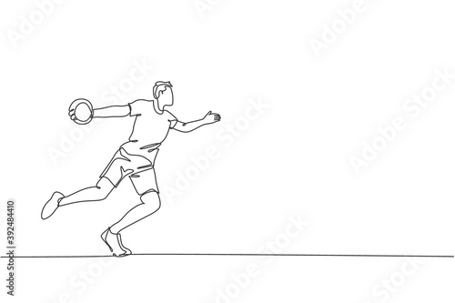 One continuous line drawing of young sporty woman exercise to throw discus on the ground field. Athletic games. Olympic sport concept. Dynamic single line draw design vector graphic illustration