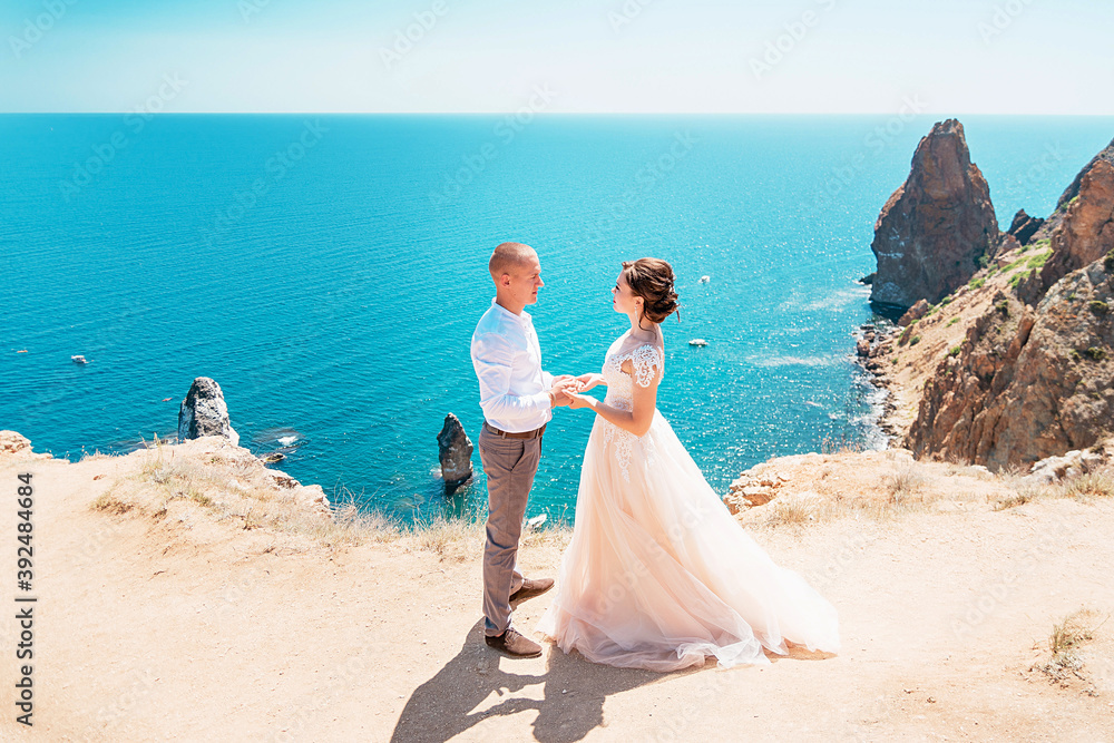 The groom and the bride stand on a cliff, and against the background of a beautiful sea The groom and the bride stand on a cliff, and against the background of a beautiful sea
