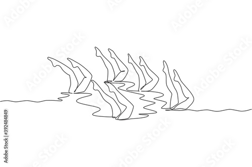 One continuous line drawing of young sporty women synchronized swimmer perform beauty leg movement in the water pool. Healthy fitness sport concept. Dynamic single line draw design vector illustration