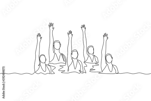 Single continuous line drawing young sportive women perform beautiful synchronized swimming choreography. Group water sport competition concept. Trendy one line draw design vector graphic illustration