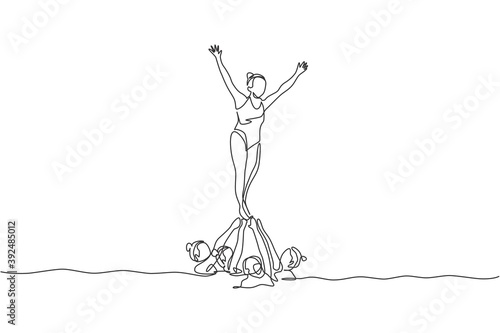 Single continuous line drawing young sportive women perform beautiful synchronized swimming choreography. Group water sport competition concept. Trendy one line draw design vector graphic illustration