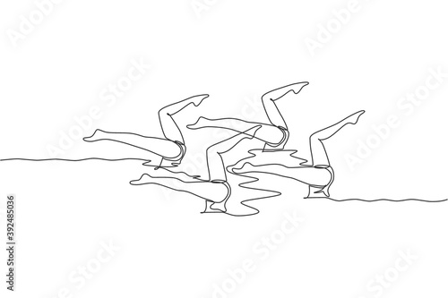One single line drawing of young beauty women synchronized swimmer performing routine elaborate legs moves in the water vector illustration. Team water sport event concept. Modern continuous line draw
