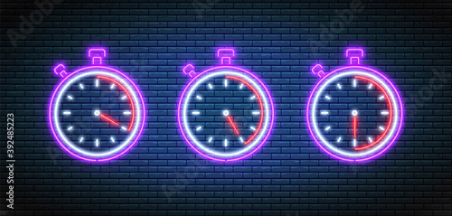 Neon stopwatch. Timers with 20, 25 and 30 minutes. Glowing bright clocks. Countdown timer icons set. Chronometer deadline symbols. Vector illustration.