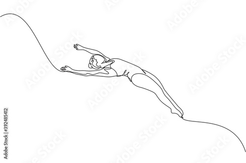 One single line drawing of young energetic woman jumping and falling somersault down to the pool for diving vector illustration. Healthy lifestyle sport concept. Modern continuous line draw design