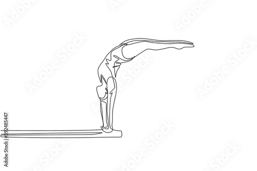 One single line drawing of young energetic woman stand with hand at diving board ready to jump into the pool vector illustration. Healthy lifestyle sport concept. Modern continuous line draw design