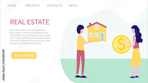 House for sale. Real estate business concept with houses. The house and signboard with the information. Landing page website template. Vector illustration for web and graphic design.