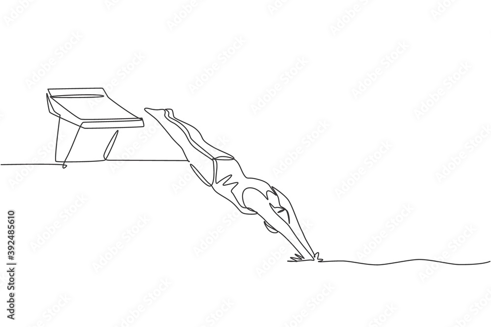 Single continuous line drawing of young happy professional swimmer woman jump to pool to train in gym swimming pool center. Healthy lifestyle concept. Trendy one line draw design vector illustration Single continuous line drawing of young happy professional swimmer woman jump to pool to train in gym swimming pool center. Healthy lifestyle concept. Trendy one line draw design vector illustration