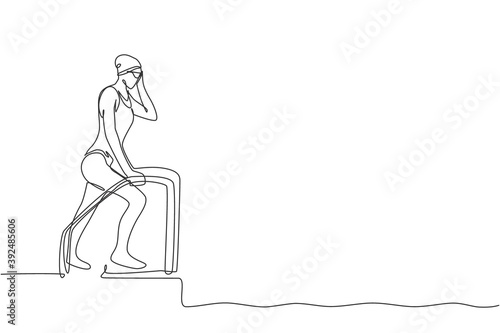 One single line drawing of young sporty fit swimmer woman practice swimming in indoor pool sport center vector illustration. Healthy lifestyle and sport concept. Modern continuous line draw design