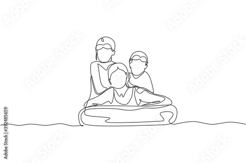 One continuous line drawing of happy mom play with her boy and girl kid swimming in sport center. Summer holidays vacation and parenting concept. Dynamic single line draw design vector illustration