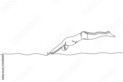 One single line drawing of young sporty fit swimmer jump to pool to practice swimming in indoor sport center vector illustration. Healthy lifestyle sport concept. Modern continuous line draw design
