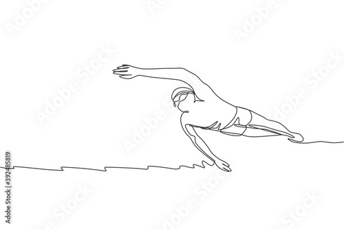 One continuous line drawing of young muscular professional swimmer man swimming in sport center. Healthy sport and fitness cardio exercise concept. Dynamic single line draw design vector illustration